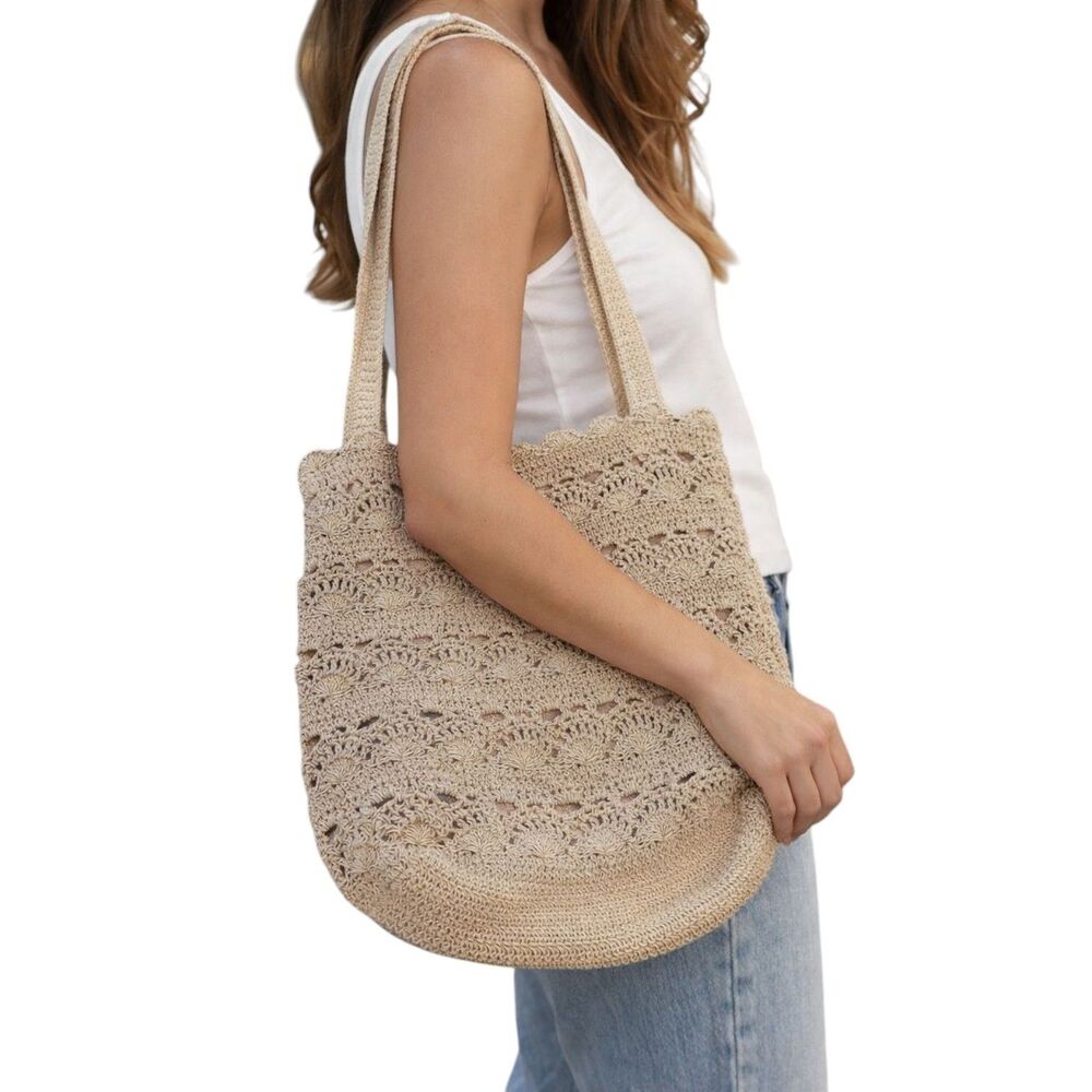 Crochet Straw Shoulder Bag Tan Beige Woven Summer Tote Medium